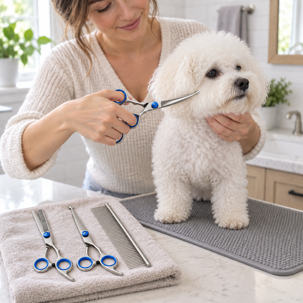 POUPIPETS Pet Grooming Scissors Set – Thinning & Curved Shears with Comb, 4-Piece