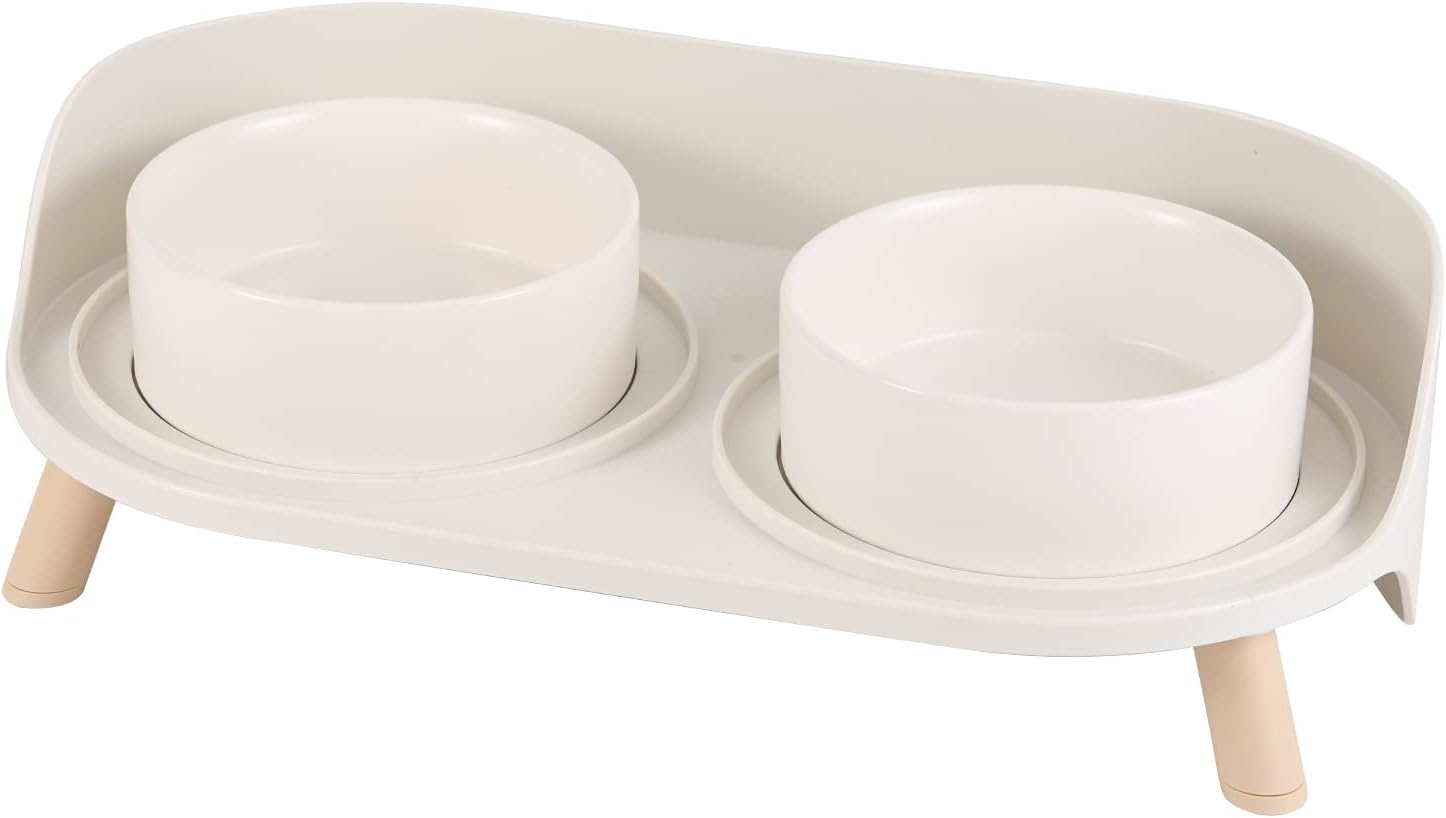 Poupipets Ceramic Raised Dog Bowl Stand with Dual Feeding Bowls and Splash Guard