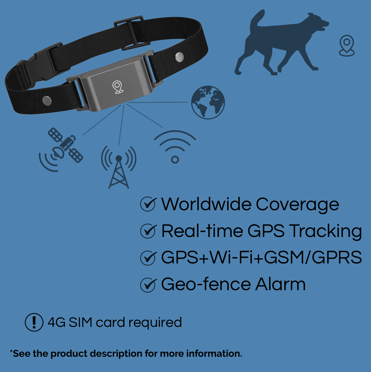 Dailypets Waterproof 4G GPS Pet Tracker with Real-Time Tracking and Adjustable Collar