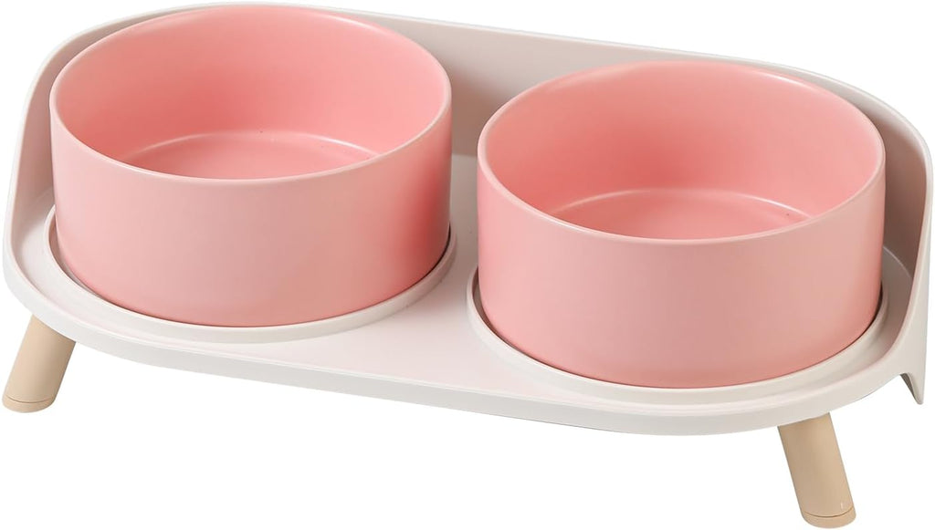 Poupipets Ceramic Raised Dog Bowl Stand with Dual Feeding Bowls and Splash Guard