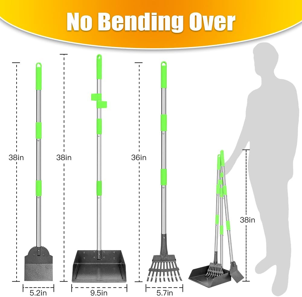 Poupipets Heavy-Duty Metal Dog Pooper Scooper Set with Extra-Large Tray, Long Handles & Yard Cleaning Tools