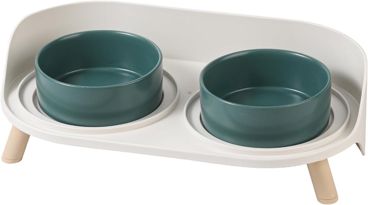 Poupipets Ceramic Raised Dog Bowl Stand with Dual Feeding Bowls and Splash Guard