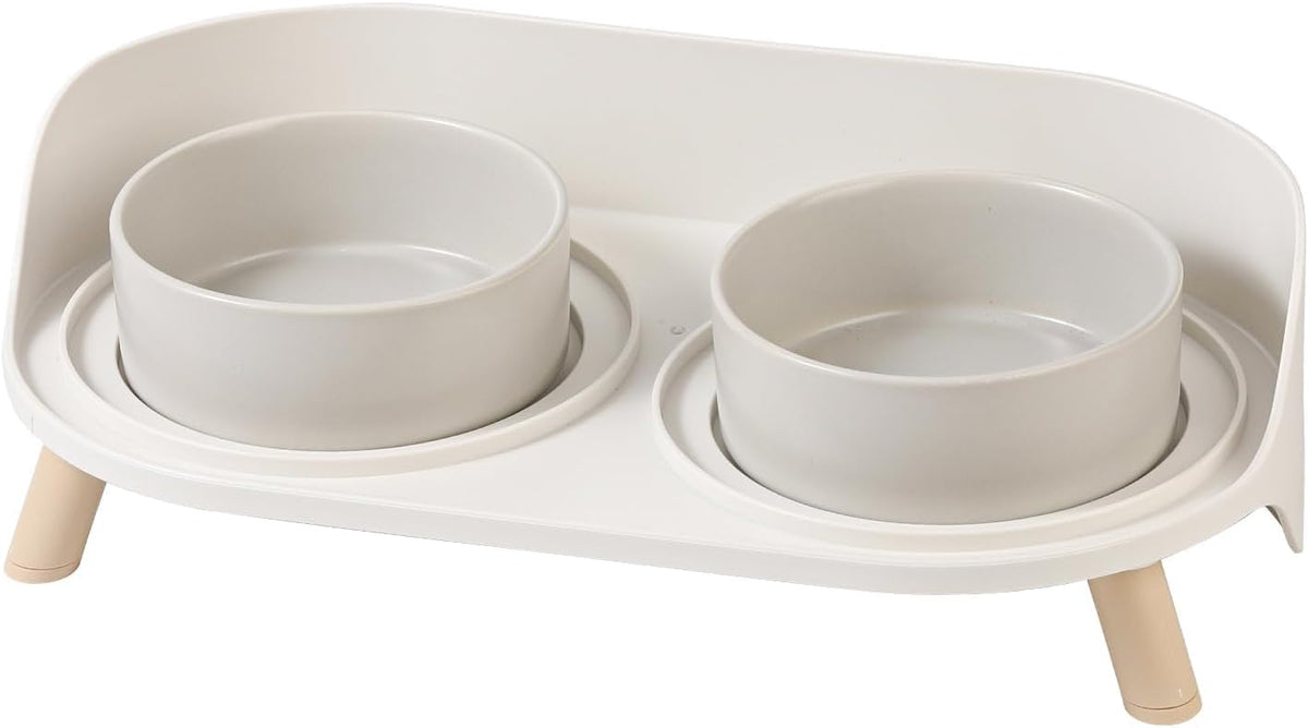 Poupipets Ceramic Raised Dog Bowl Stand with Dual Feeding Bowls and Splash Guard