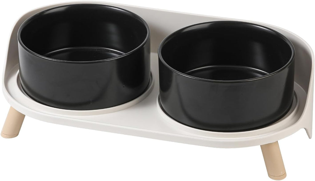 Poupipets Ceramic Raised Dog Bowl Stand with Dual Feeding Bowls and Splash Guard