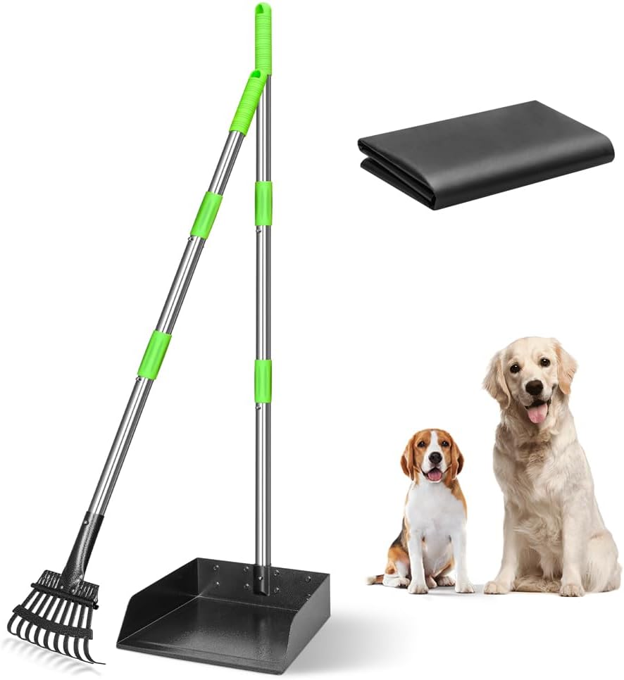 Poupipets Heavy-Duty Metal Dog Pooper Scooper Set with Extra-Large Tray, Long Handles & Yard Cleaning Tools