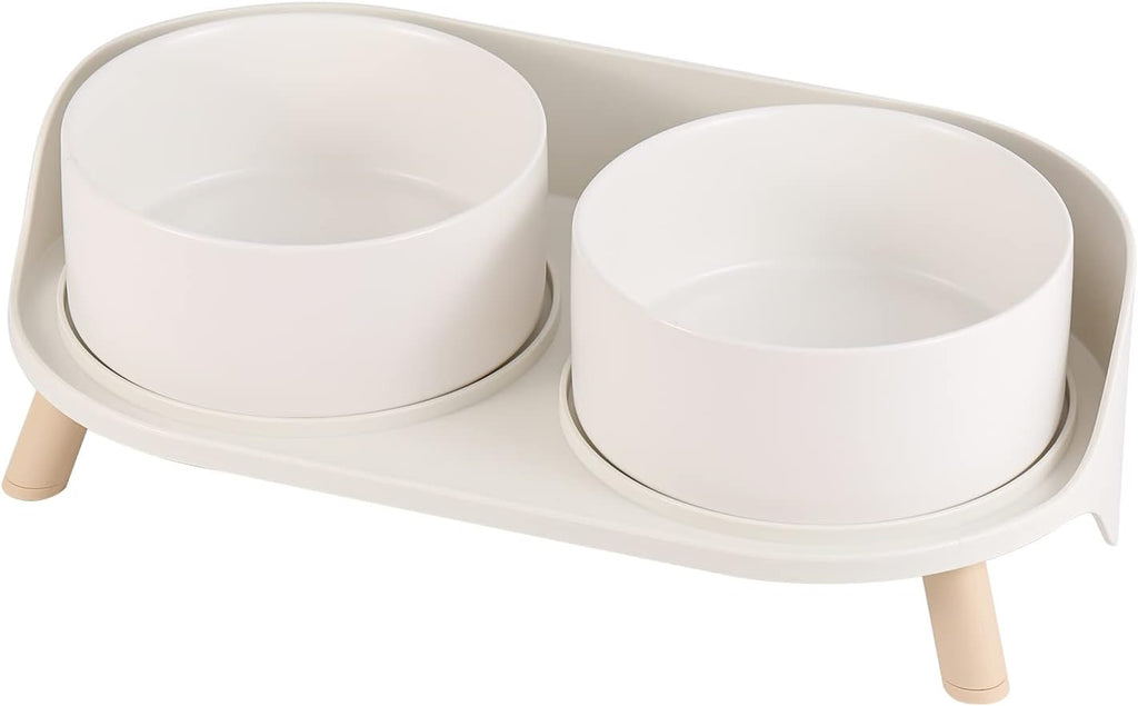 Poupipets Ceramic Raised Dog Bowl Stand with Dual Feeding Bowls and Splash Guard