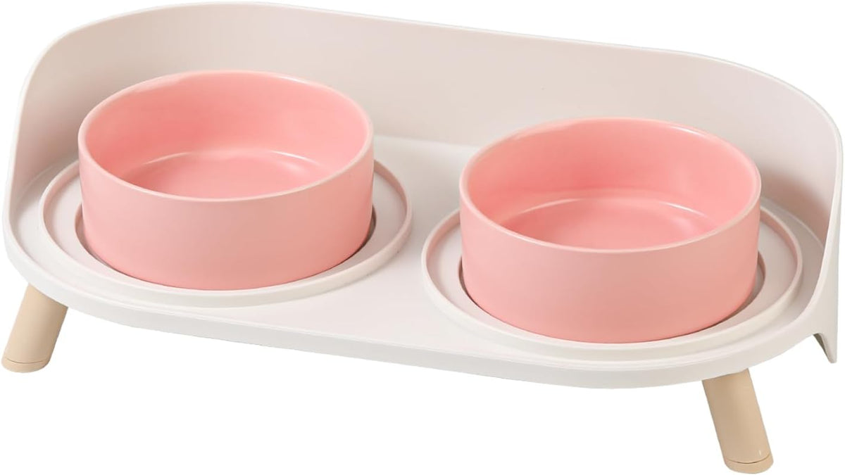 Poupipets Ceramic Raised Dog Bowl Stand with Dual Feeding Bowls and Splash Guard