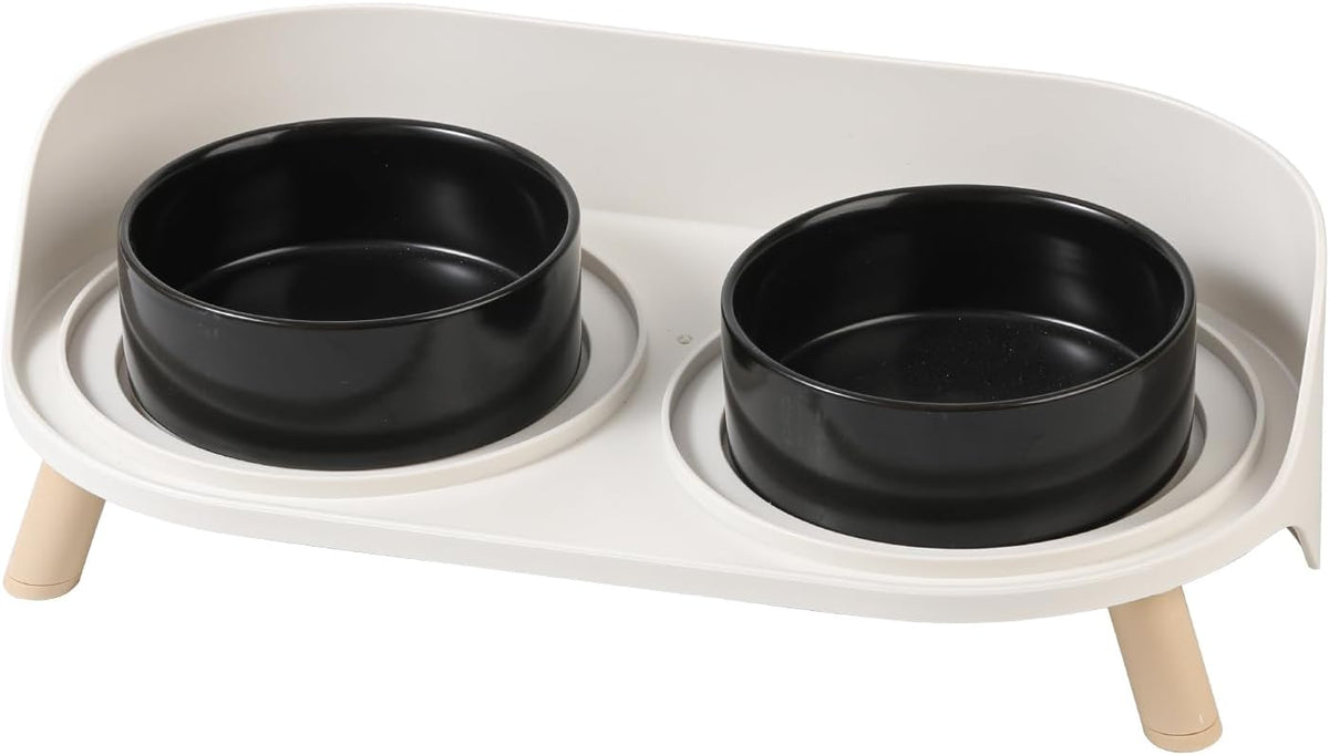 Poupipets Ceramic Raised Dog Bowl Stand with Dual Feeding Bowls and Splash Guard