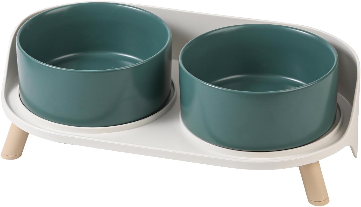 Poupipets Ceramic Raised Dog Bowl Stand with Dual Feeding Bowls and Splash Guard
