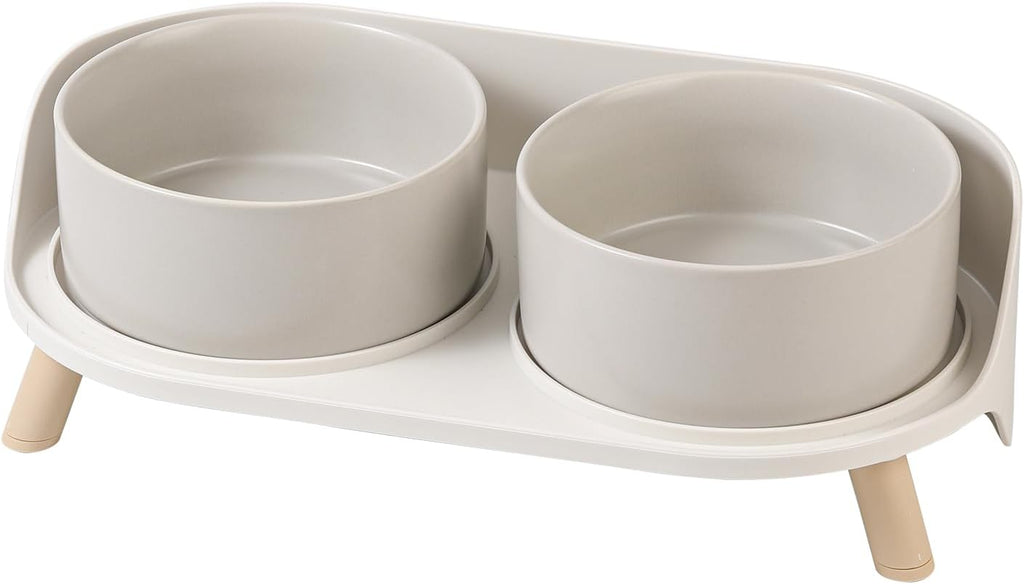Poupipets Ceramic Raised Dog Bowl Stand with Dual Feeding Bowls and Splash Guard