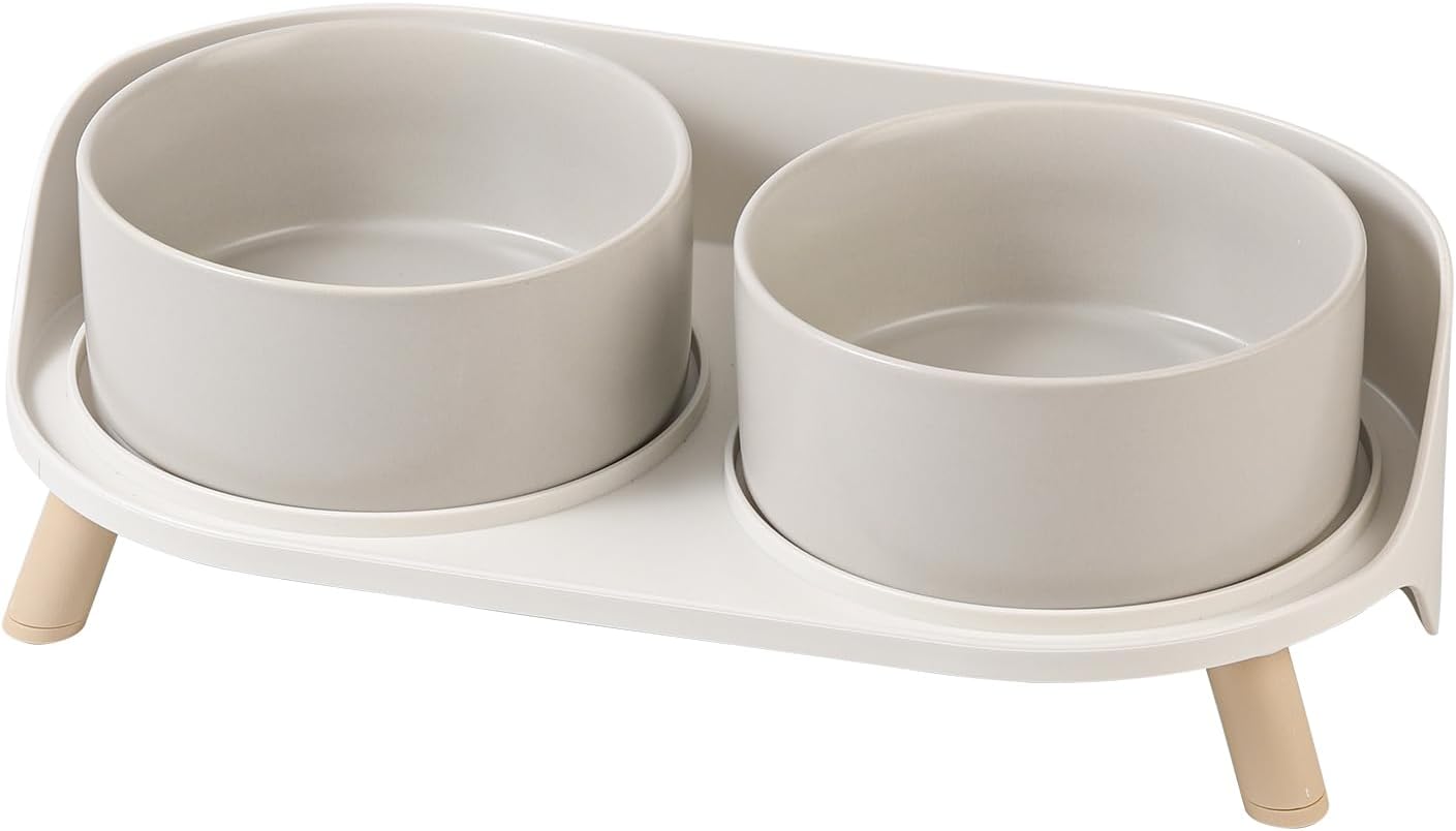 Poupipets Ceramic Raised Dog Bowl Stand with Dual Feeding Bowls and Splash Guard