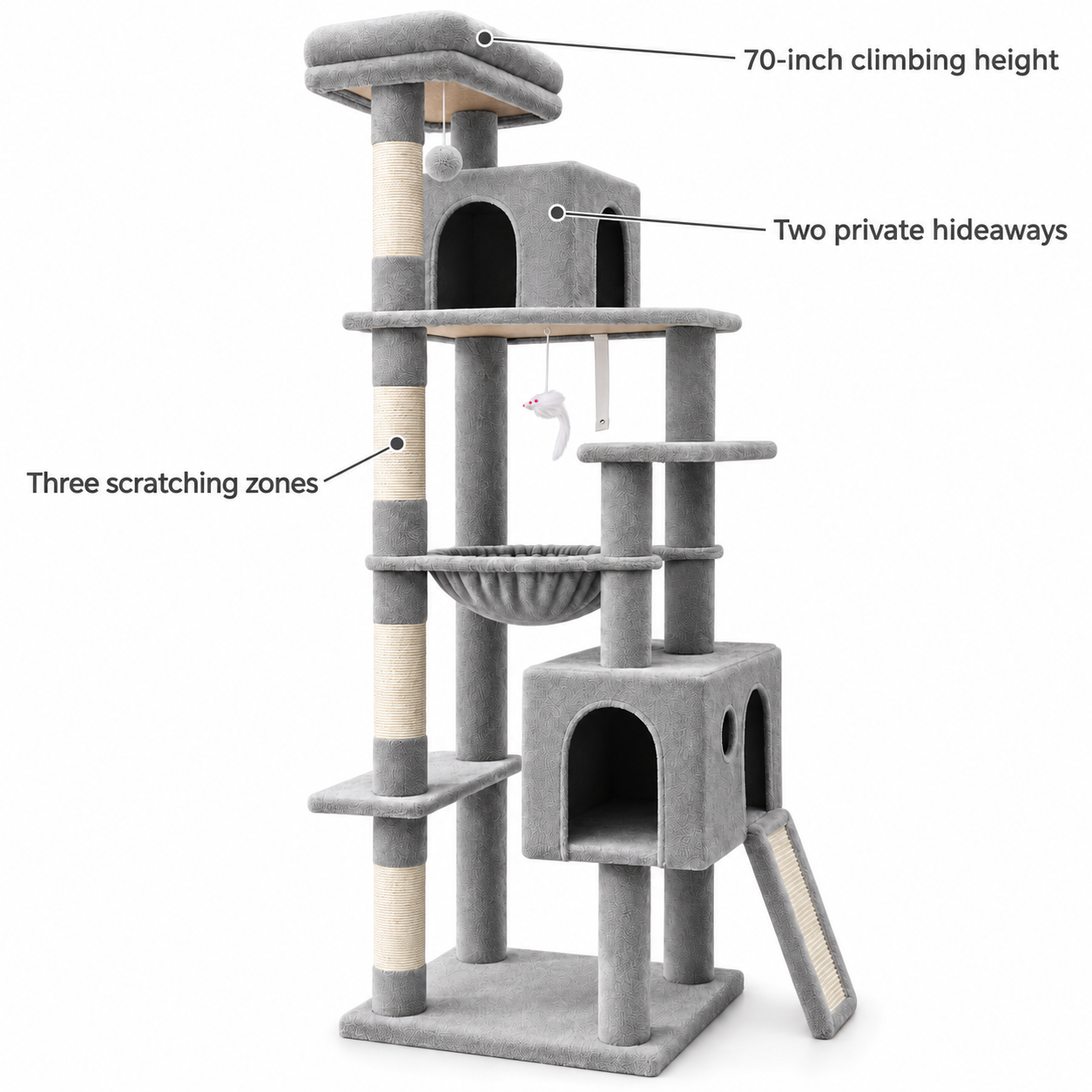 POUPIPETS Cat Tree Tower – 70in Heavy Duty Multi-Level Condo & Scratching Posts for Large Cats