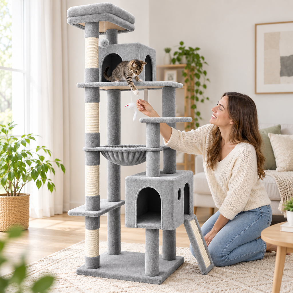 POUPIPETS Cat Tree Tower – 70in Heavy Duty Multi-Level Condo & Scratching Posts for Large Cats