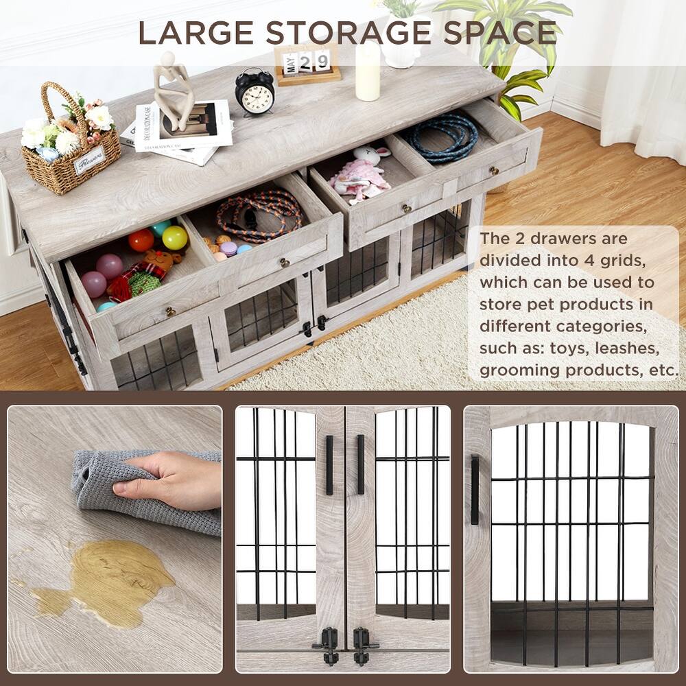 Dailypets Wooden Double Dog Crate Furniture with 2 Storage Drawers