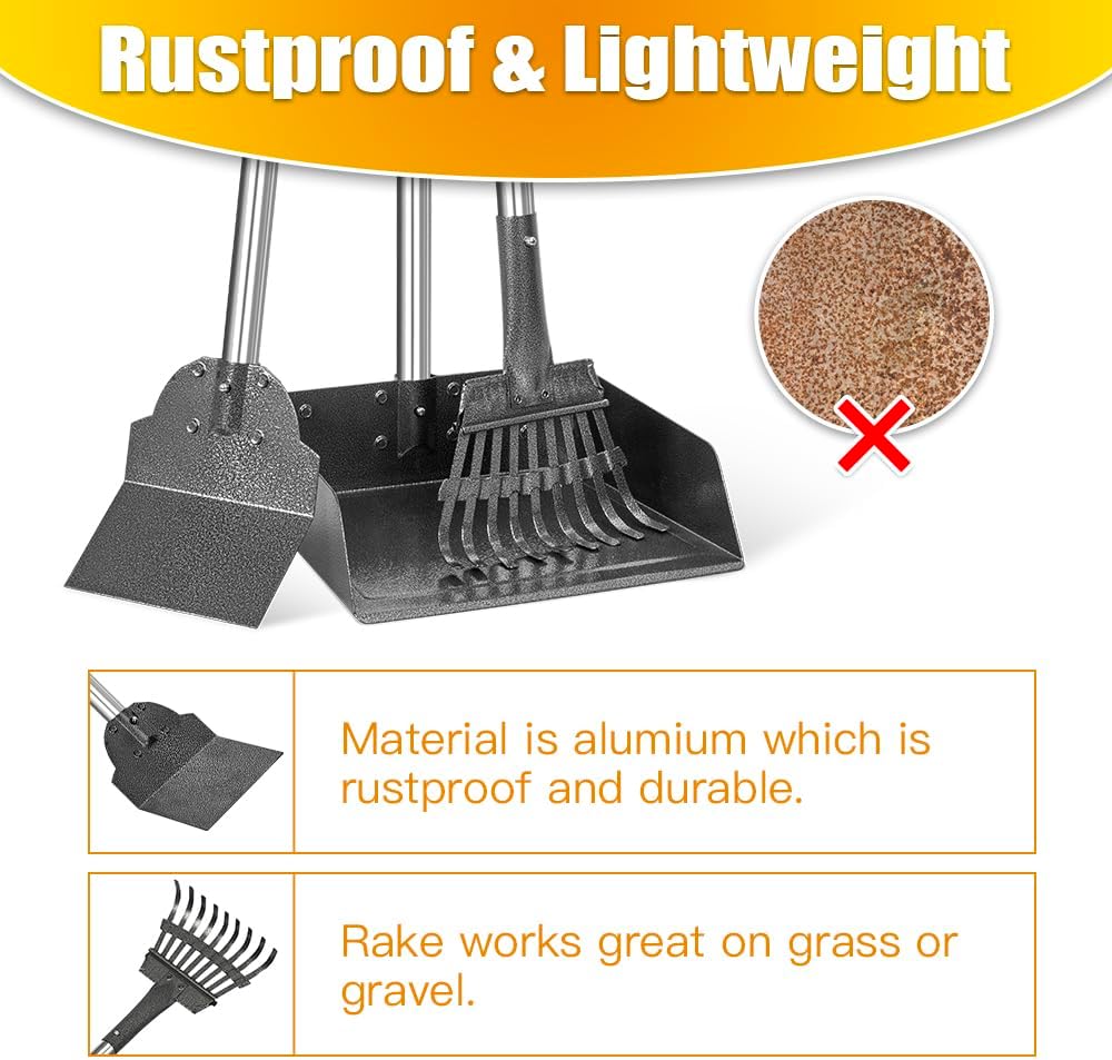 Poupipets Heavy-Duty Metal Dog Pooper Scooper Set with Extra-Large Tray, Long Handles & Yard Cleaning Tools