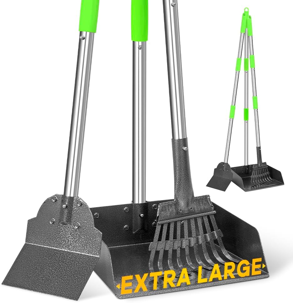 Poupipets Heavy-Duty Metal Dog Pooper Scooper Set with Extra-Large Tray, Long Handles & Yard Cleaning Tools