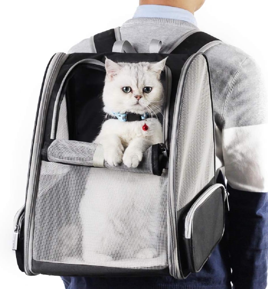 Poupipets Breathable Pet Carrier Backpack with Three-Sided Mesh and Comfort Mat