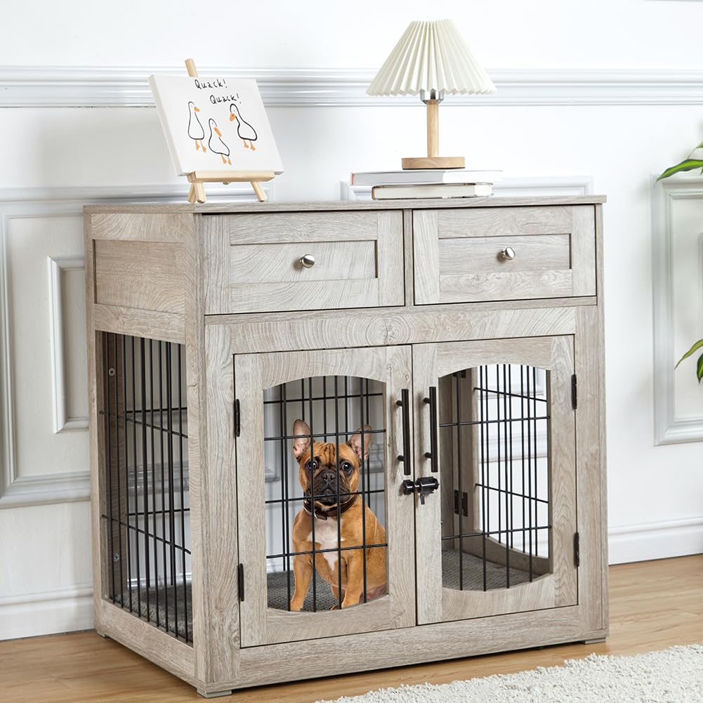 Dailypets Dog Crate End Table with Cushion, 3 Doors and 2 Drawers