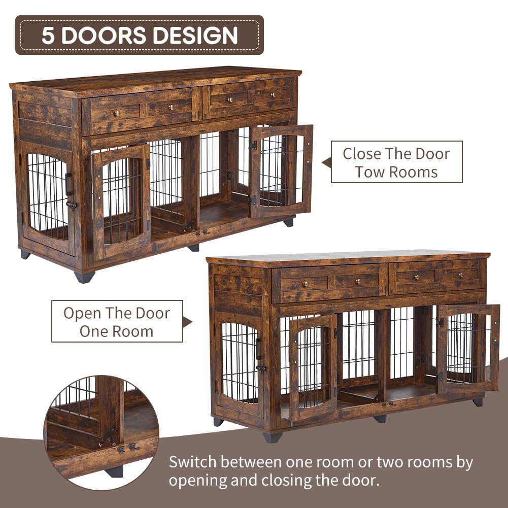 Dailypets 58-Inch Double Dog Crate Furniture with 5 Doors and Storage Drawers