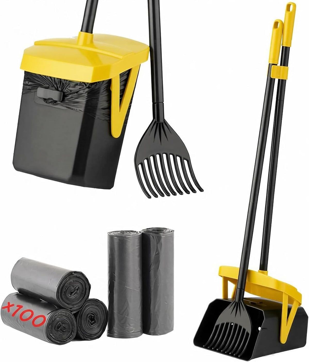 Poupipets Long Handle Dog Waste Scooper with Swivel Bin & 100 Bag Set