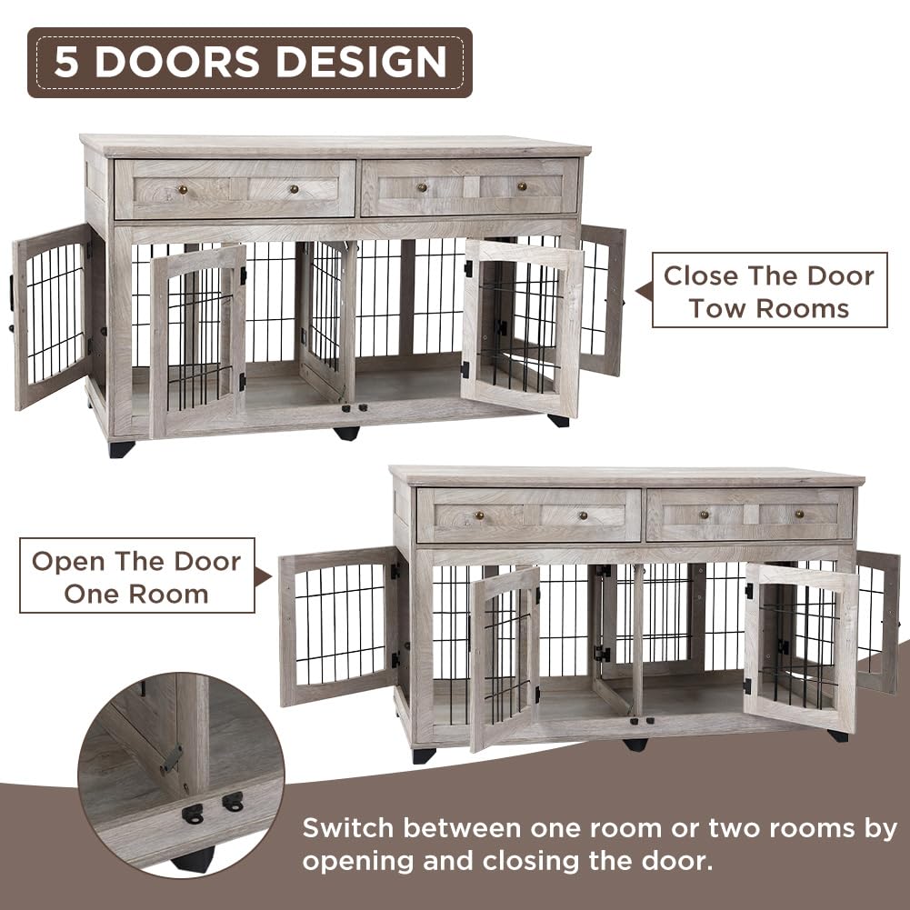 Dailypets Wooden Double Dog Crate Furniture with 2 Storage Drawers