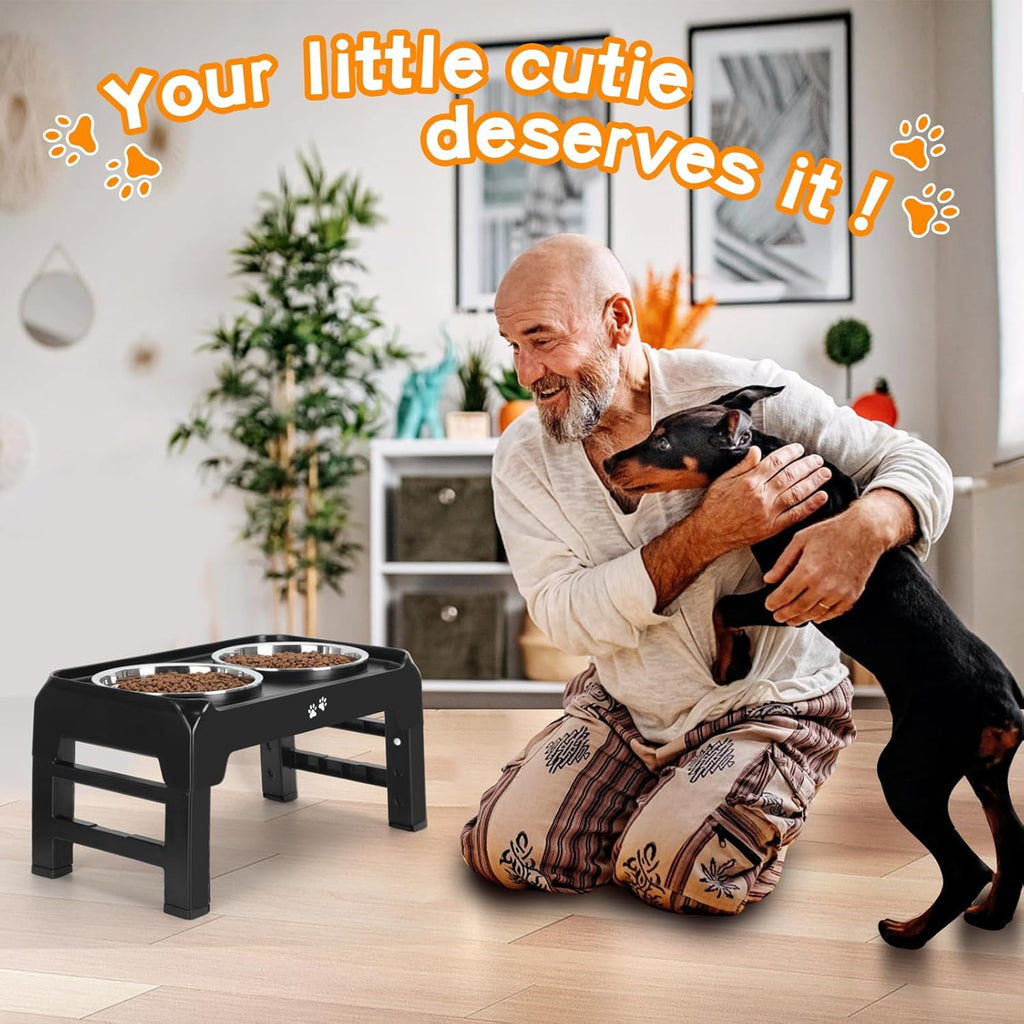 Poupipets Adjustable Elevated Dog Bowl Stand with Dual Stainless Steel Bowls for Small to Large Dogs