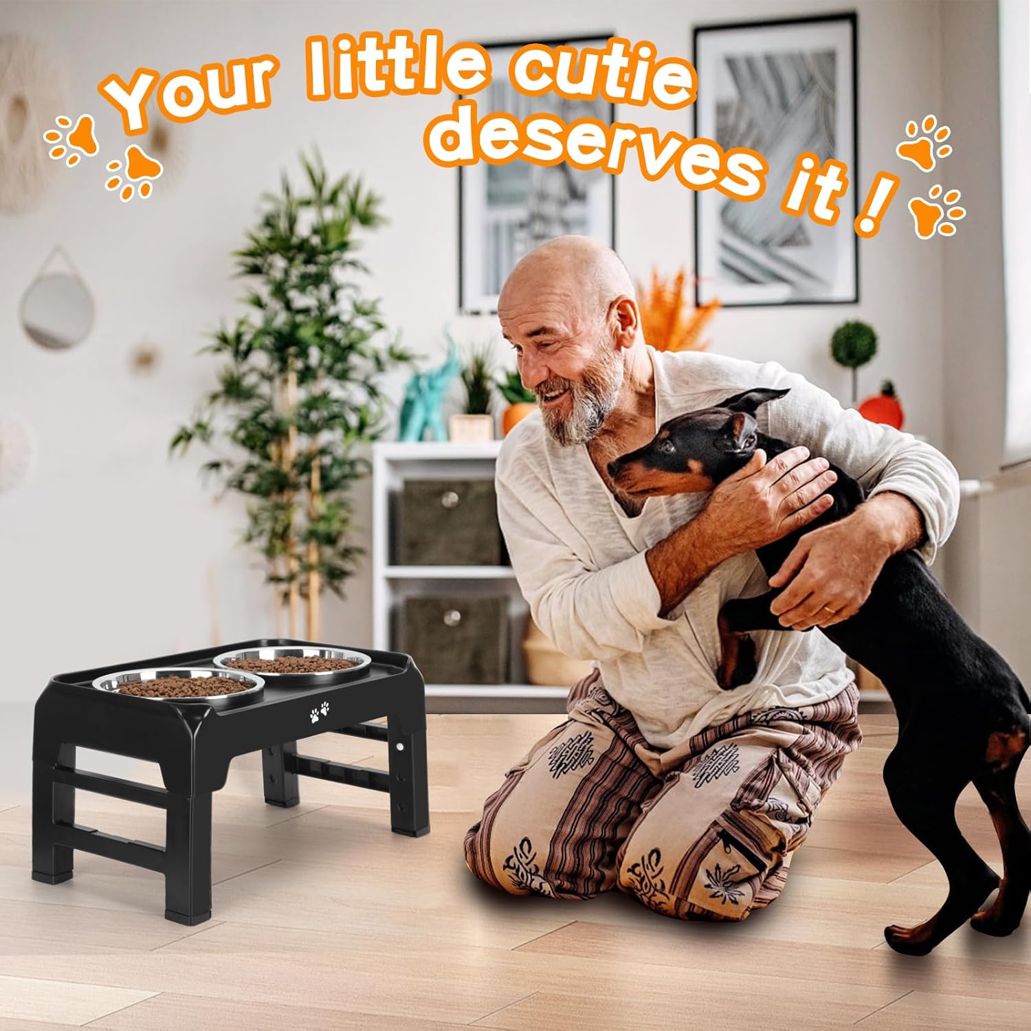 Poupipets Adjustable Elevated Dog Bowl Stand with Dual Stainless Steel Bowls for Small to Large Dogs