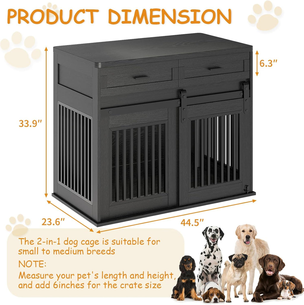 Dailypets Heavy Duty Dog Crate Furniture with Sliding Barn Door and Storage Drawers