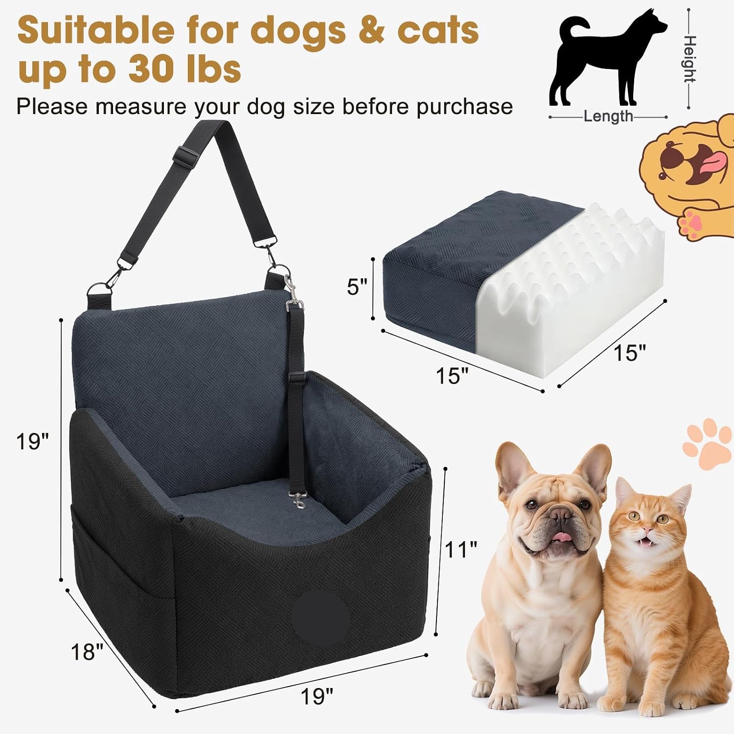 Poupipets Comfortable Dog Booster Seat with Memory Foam Support and Washable Cover