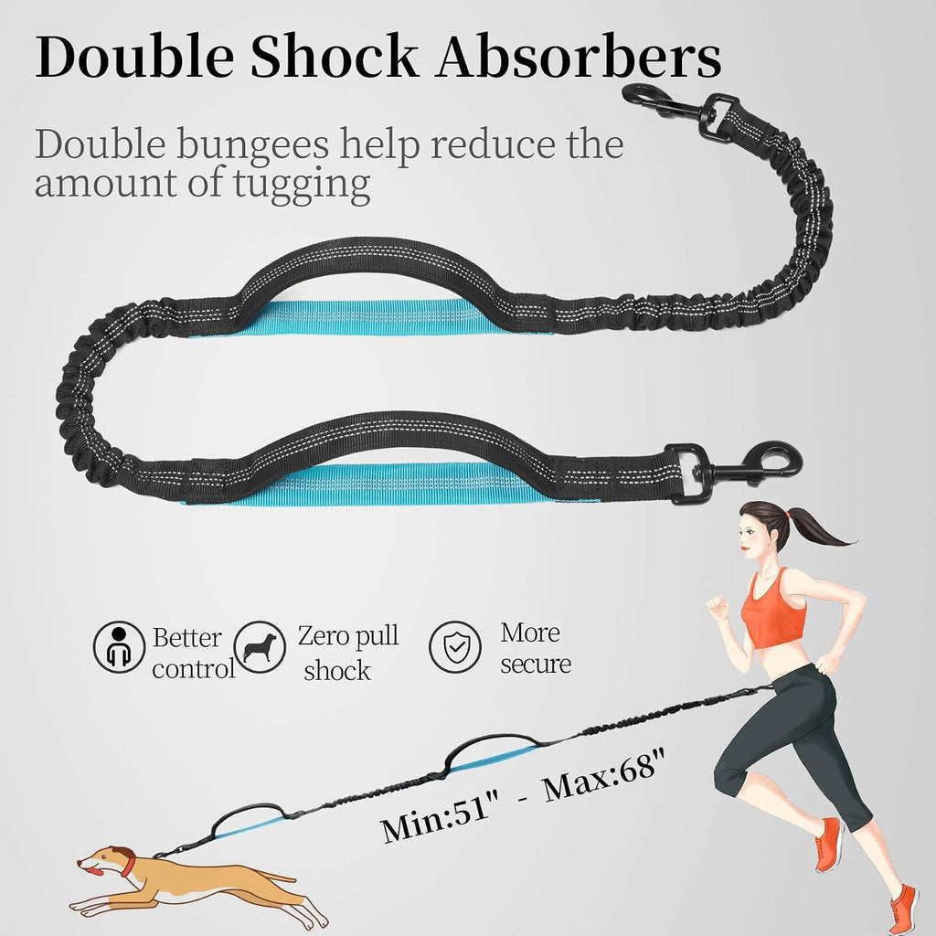 Poupipets Running Dog Waist Leash with Dual Padded Handles and Shock-Absorbing Bungee
