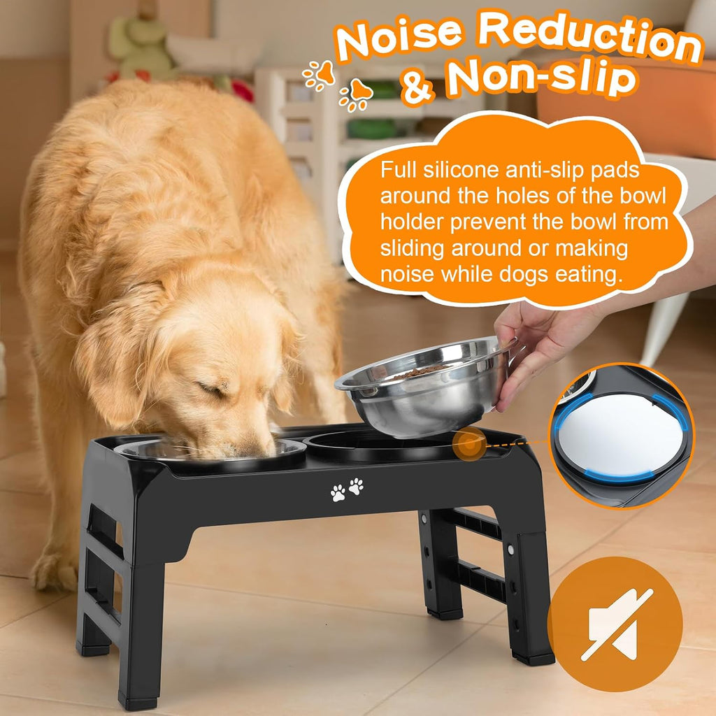 Poupipets Adjustable Elevated Dog Bowl Stand with Dual Stainless Steel Bowls for Small to Large Dogs