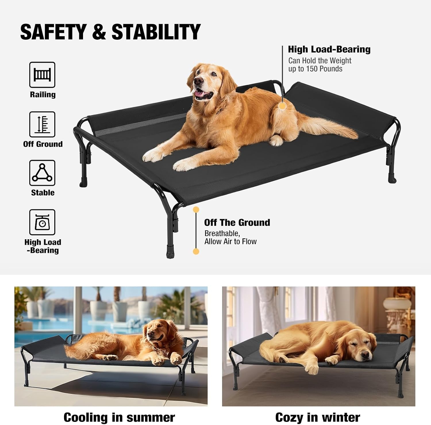 Poupipets Elevated Dog Hammock Bed with Guardrails and Powder-Coated Steel Frame