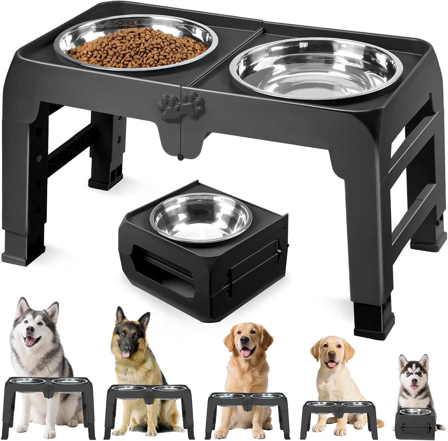 Poupipets Adjustable Elevated Dog Bowl Stand with Dual Stainless Steel Bowls for Small to Large Dogs