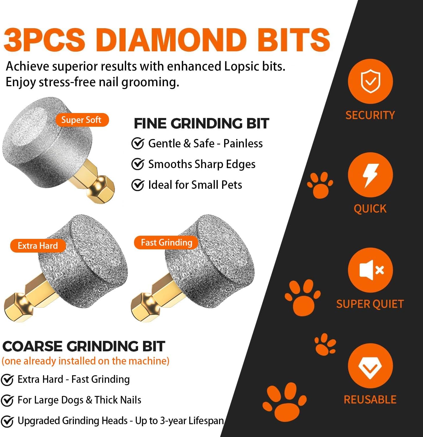 Whisper Quiet Dog Nail Grinder Safe & Stress-Free for Sensitive Dogs Cats | 4 LED Lights,3 Grinding Bits, 3-Speed, Pet Nail Trimmers, Rechargeable Painless Grooming Kit for All Breeds & Sizes
