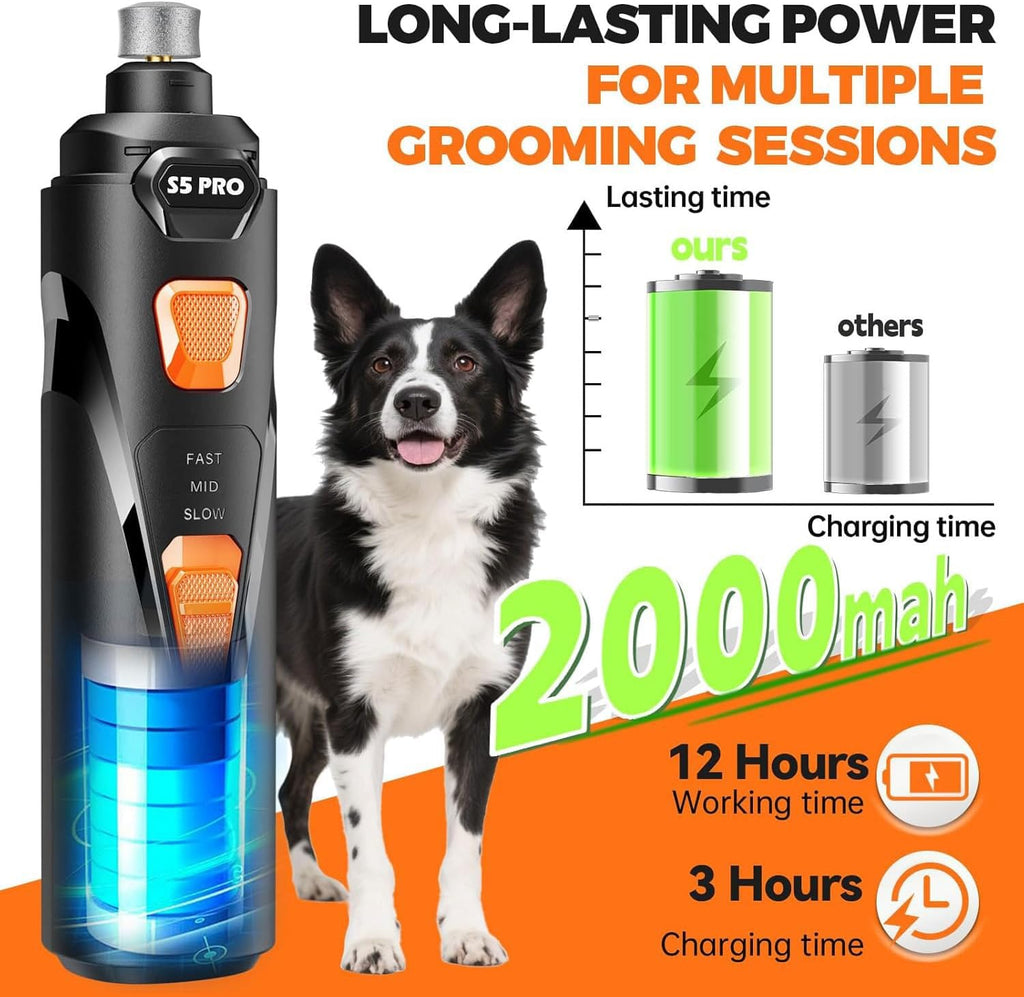 Whisper Quiet Dog Nail Grinder Safe & Stress-Free for Sensitive Dogs Cats | 4 LED Lights,3 Grinding Bits, 3-Speed, Pet Nail Trimmers, Rechargeable Painless Grooming Kit for All Breeds & Sizes