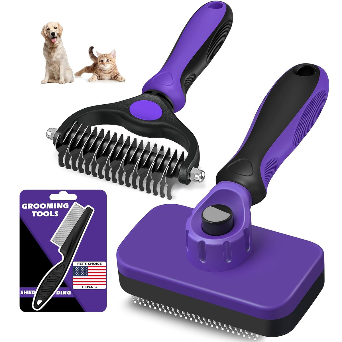 POUPIPETS Pet Grooming Kit – Self-Cleaning Slicker Brush, Deshedding Rake & Flea Comb