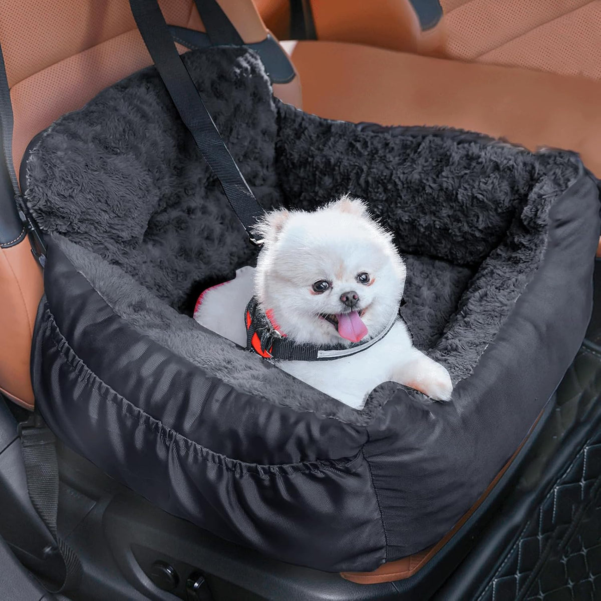 Poupipets Plush Dog Booster Car Seat with Memory Foam and Washable Travel Bed