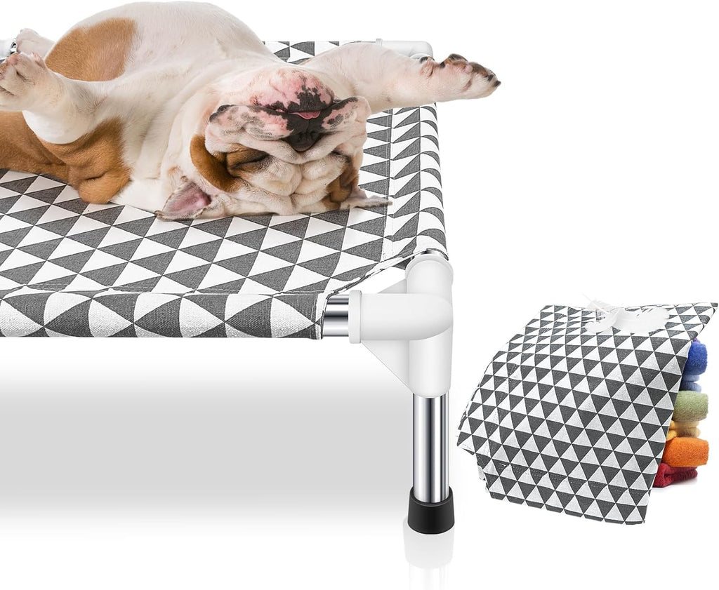 Poupipets Reversible Cotton Elevated Dog Bed with Stainless Steel Support Frame