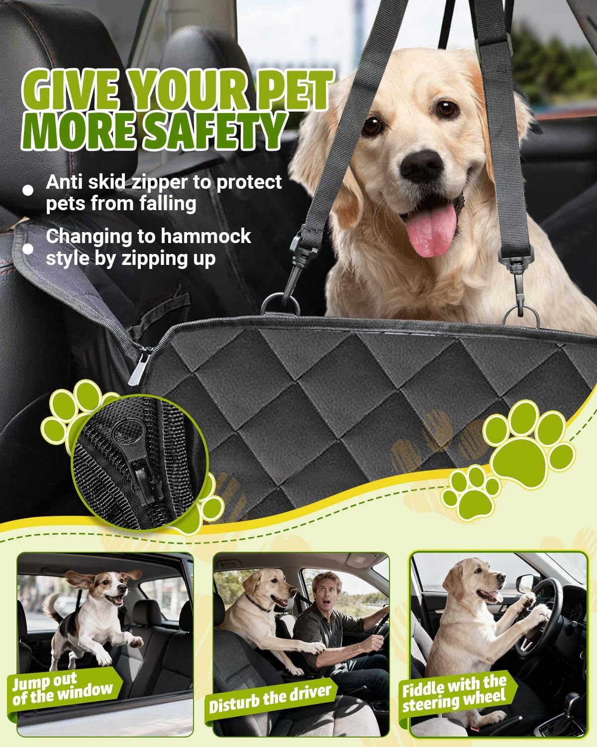 Poupipets Waterproof Dog Car Seat Cover with Mesh Window and Non-Slip Hammock Design