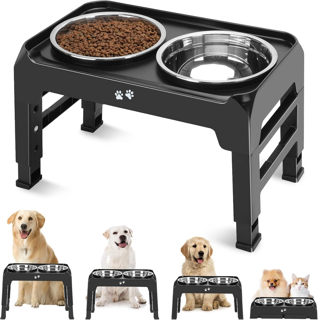 Poupipets Adjustable Elevated Dog Bowl Stand with Dual Stainless Steel Bowls for Small to Large Dogs