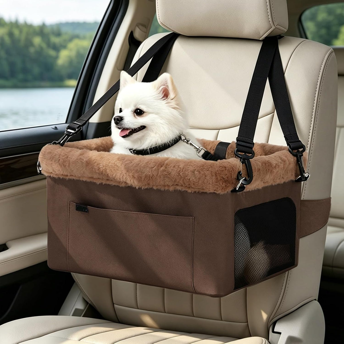 Poupipets Elevated Dog Travel Seat with Sturdy Frame and Comfortable Plush Interior