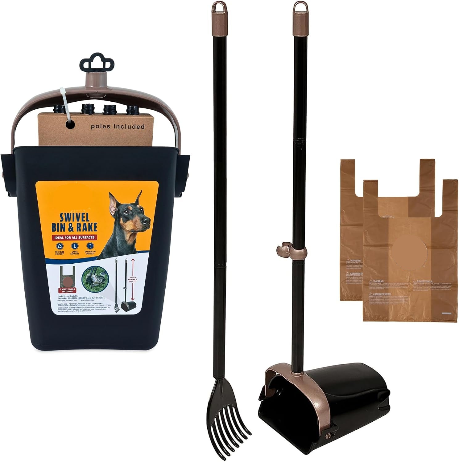 Poupipets Swivel Bin & Rake Dog Pooper Scooper with Long Handle & Waste Bags