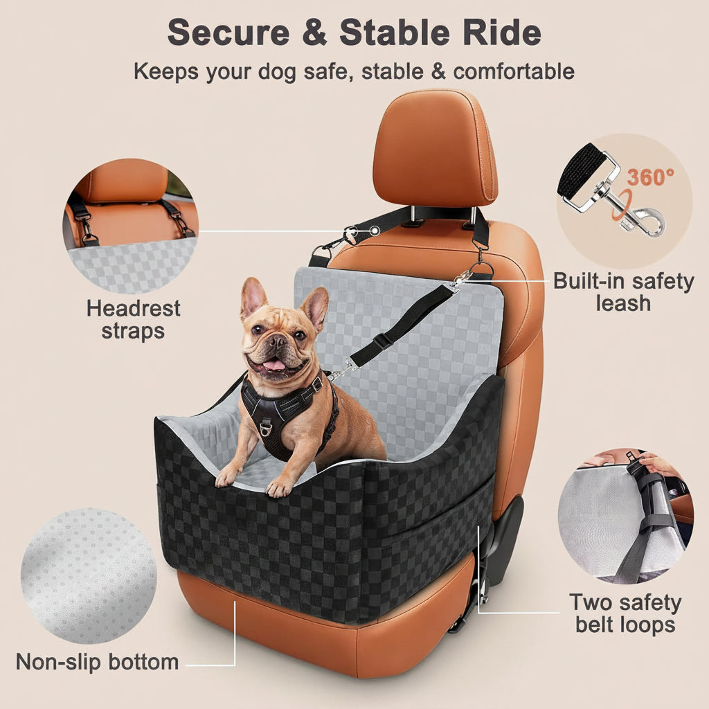 Poupipets Elevated Memory Foam Dog Car Seat with Washable Cover and Safety Tether for Travel