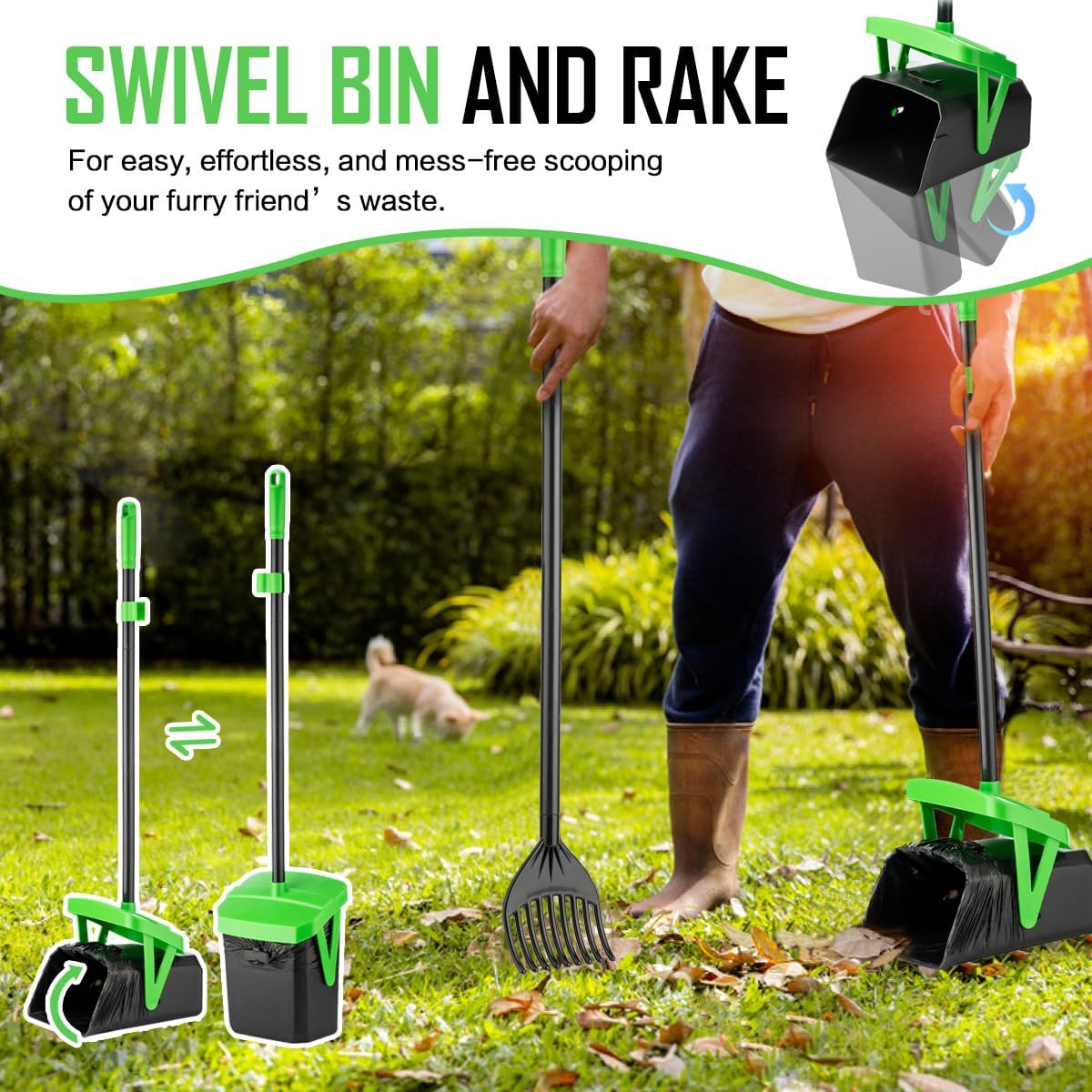 Poupipets Long Handle Dog Waste Scooper with Swivel Bin & 100 Bag Set