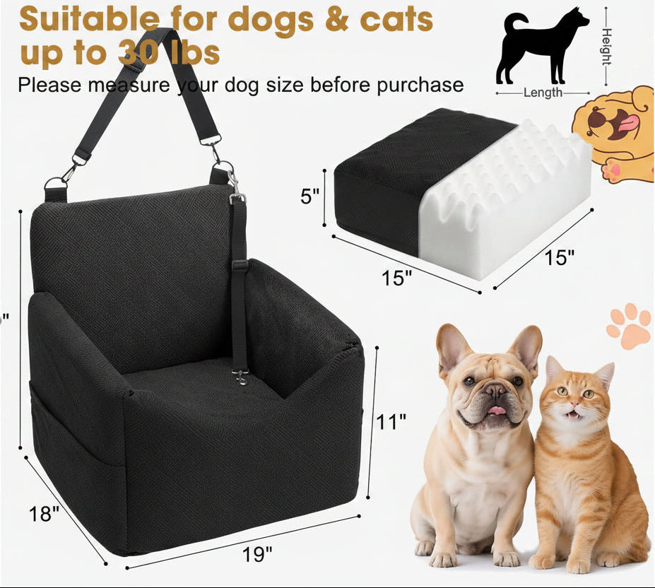 Poupipets Elevated Dog Booster Car Seat with Memory Foam Washable Cover and Safety Strap