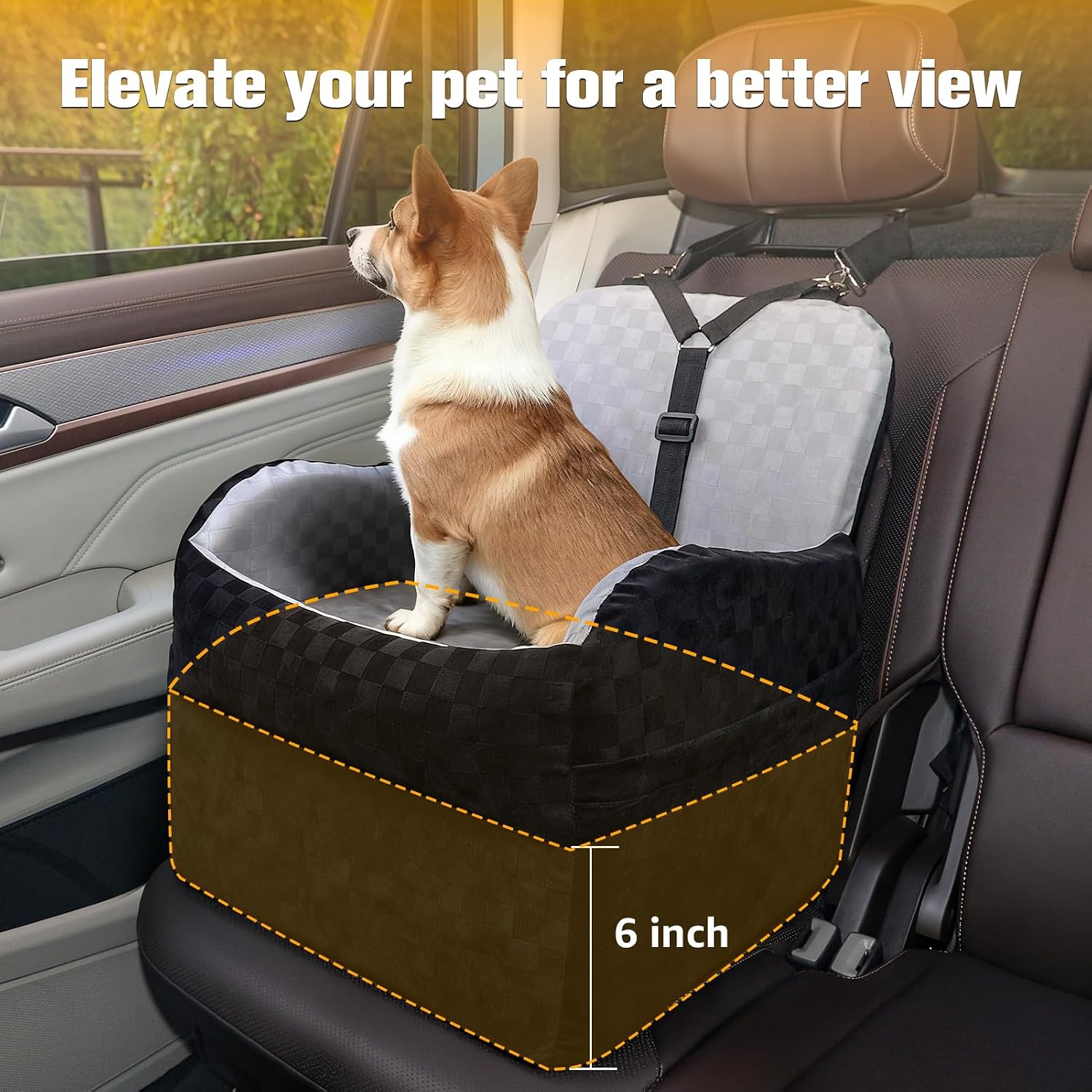 Poupipets Waterproof Dog Booster Car Seat with Memory Foam and Safety Y-Belt