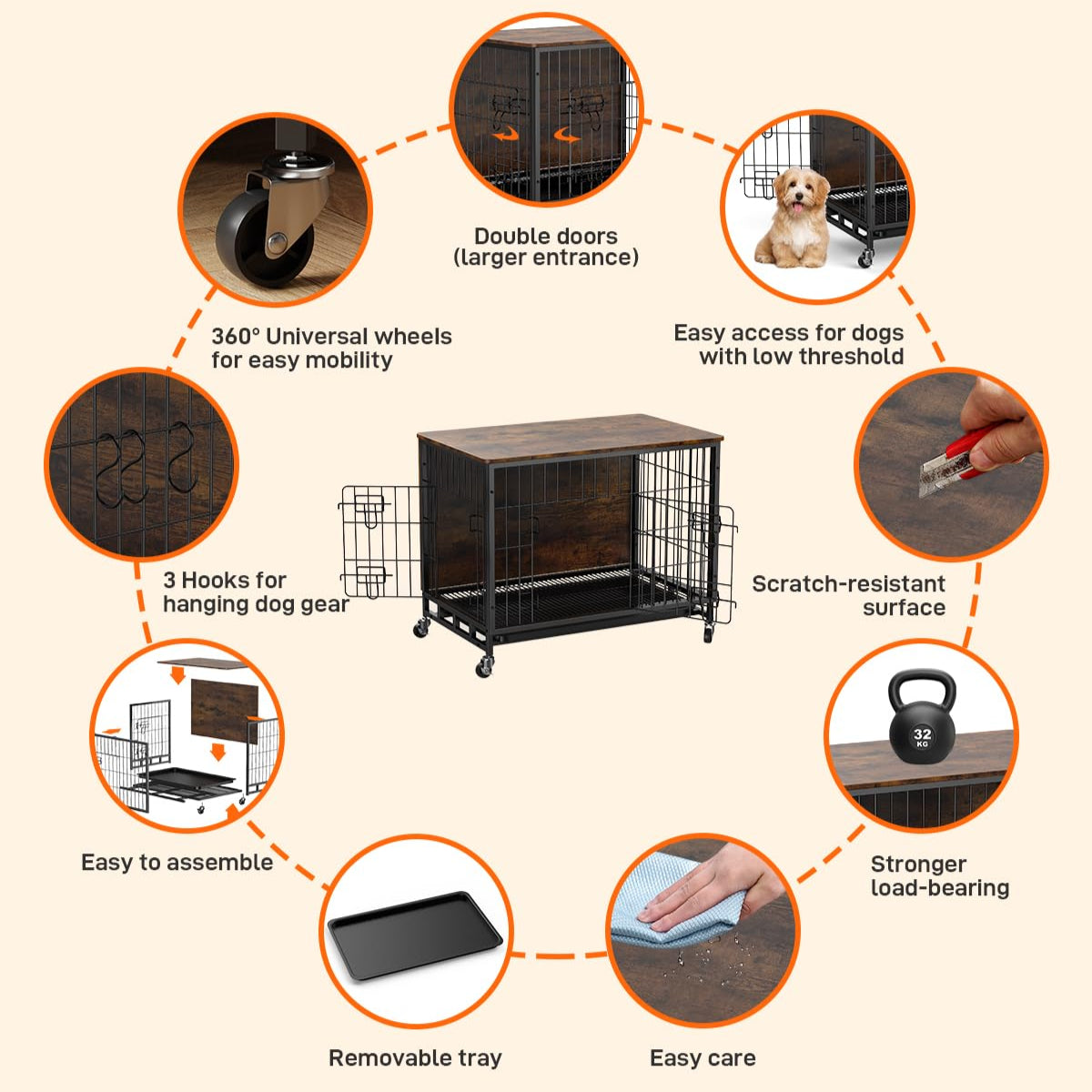 Dailypets 38.6-Inch Wooden Dog Crate End Table with Pull-Out Tray