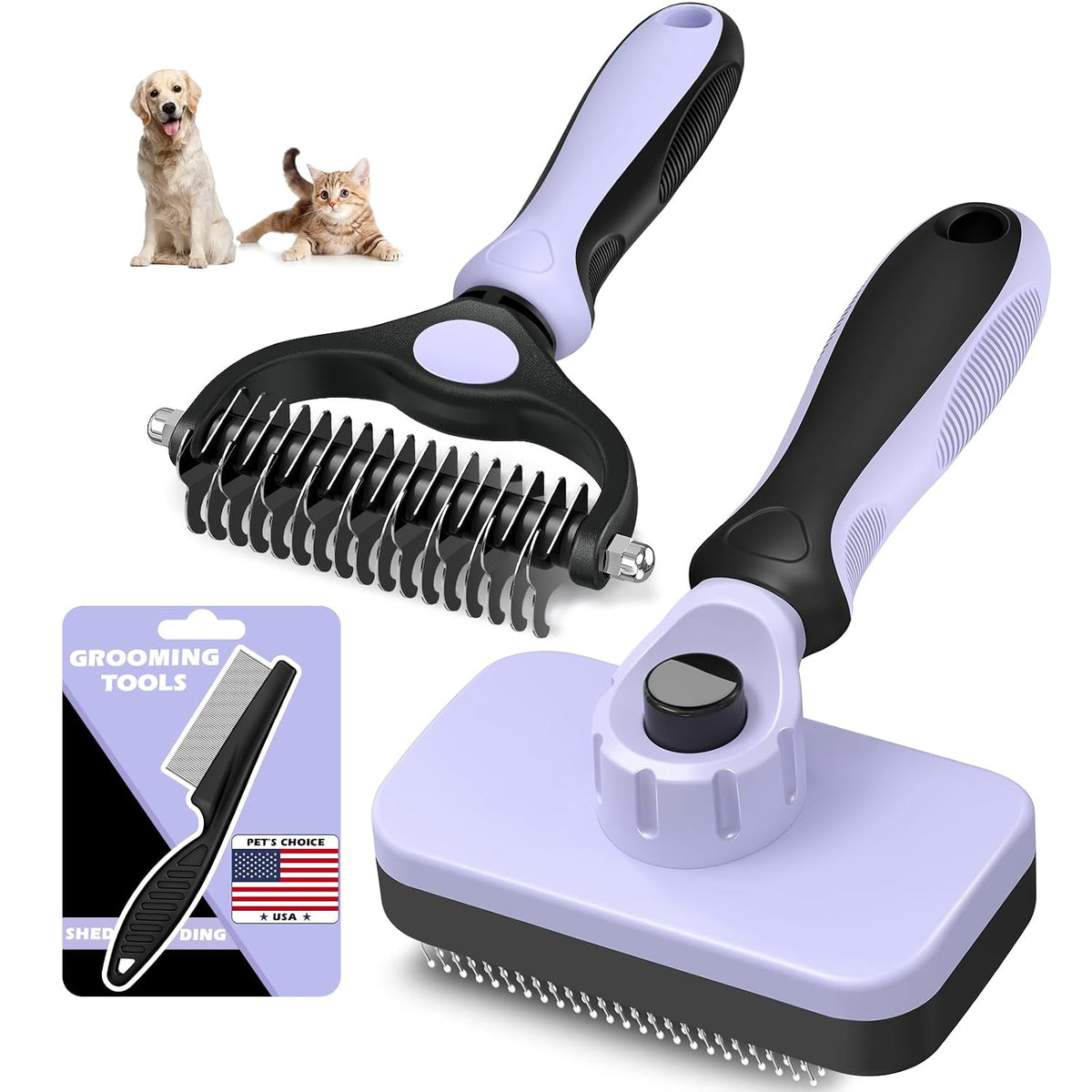 POUPIPETS Pet Grooming Kit – Self-Cleaning Slicker Brush, Deshedding Rake & Flea Comb