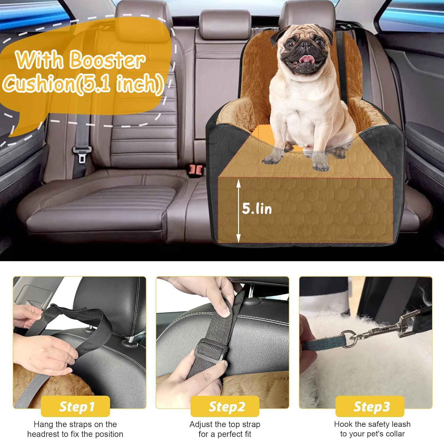 Poupipets Crystal Velvet Dog Car Seat with Elevated Base and Harness Restraint