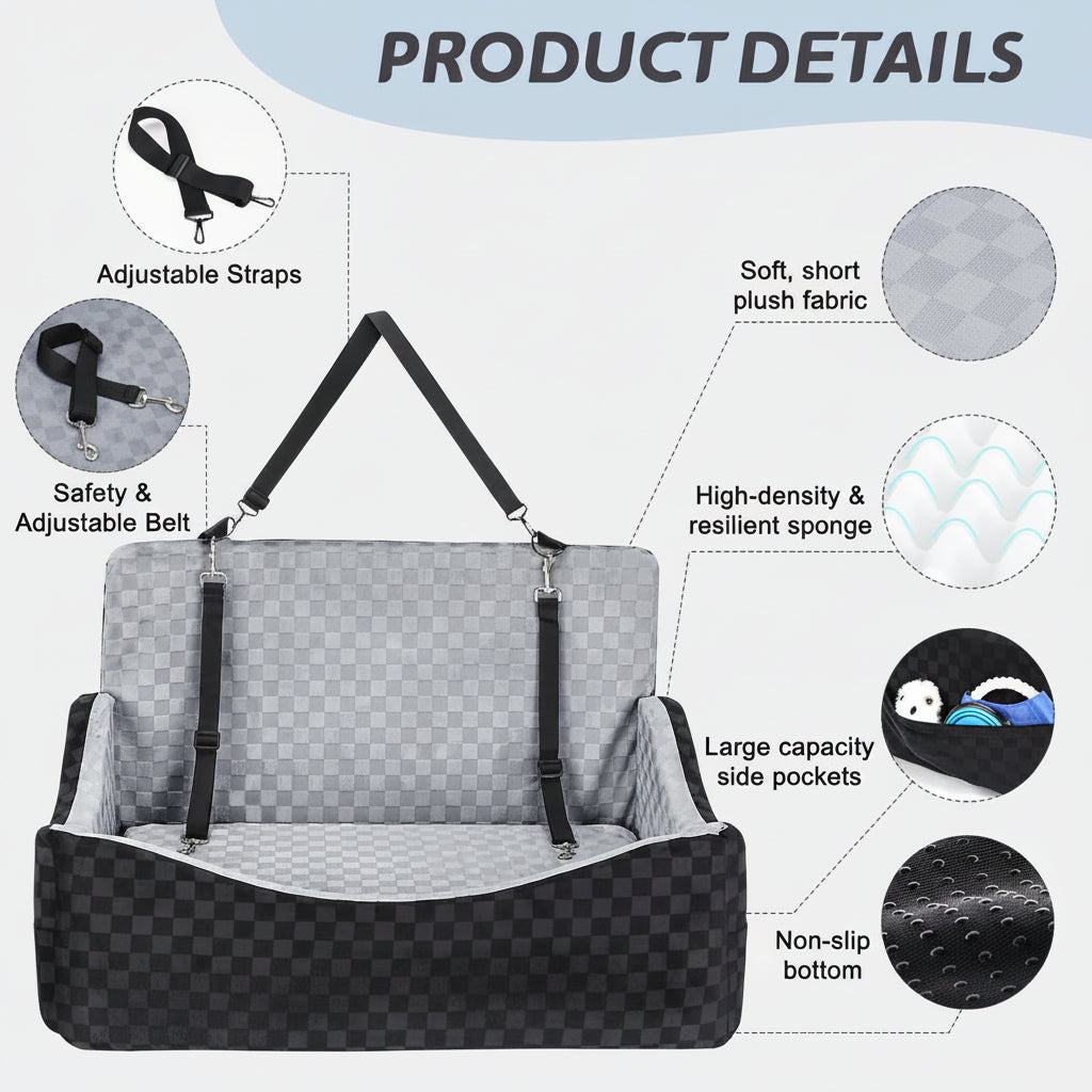 Poupipets Premium Large Dog Car Seat with Reversible Cushion and Storage Pockets